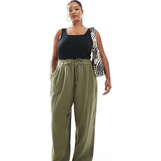 New Look Women's Plus Size Khaki Drawstring Waist Wide Leg Trousers Curves - UK 22