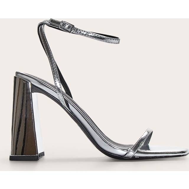 Silver Square Toe High Block Heeled Sandals, Grey - 4