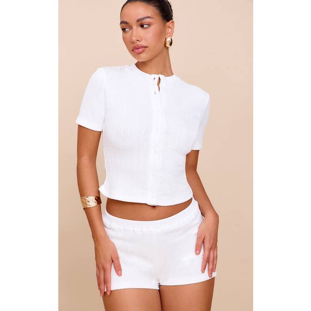 White Textured Micro Hot Pants, White - 16