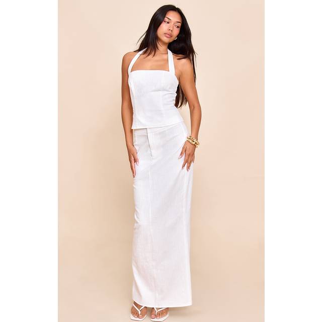 White Premium Linen A Line Maxi Skirt, White - 4