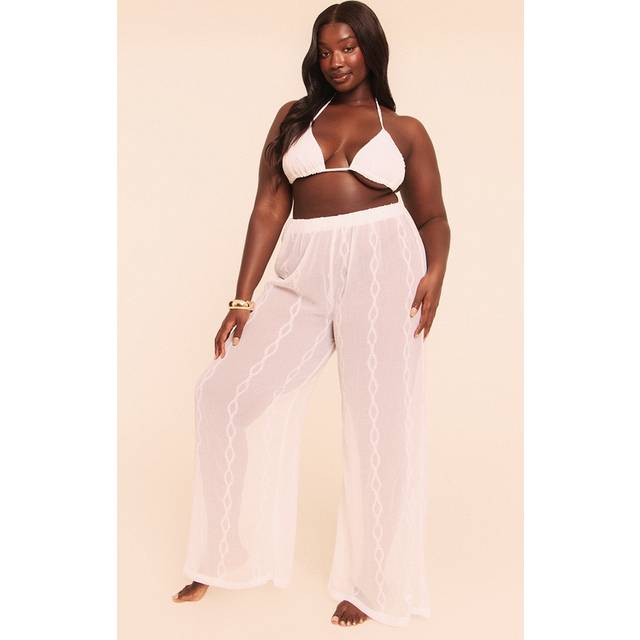 Plus White Textured Chiffon Triangle Beach Top And Trouser Set, White - 22