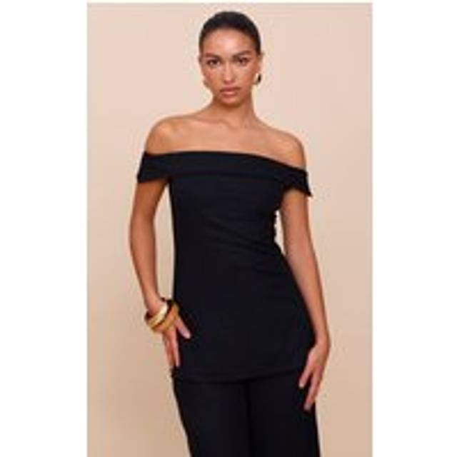 Black Textured Fold Over Bardot Long Top, Black - 14