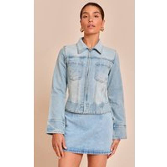 Petite Light Blue Denim Front Zip Fitted Jacket, Light Blue - 2