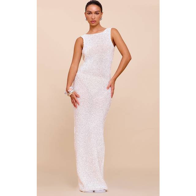 Cream Sequin Knit Scoop Back Maxi Dress, White