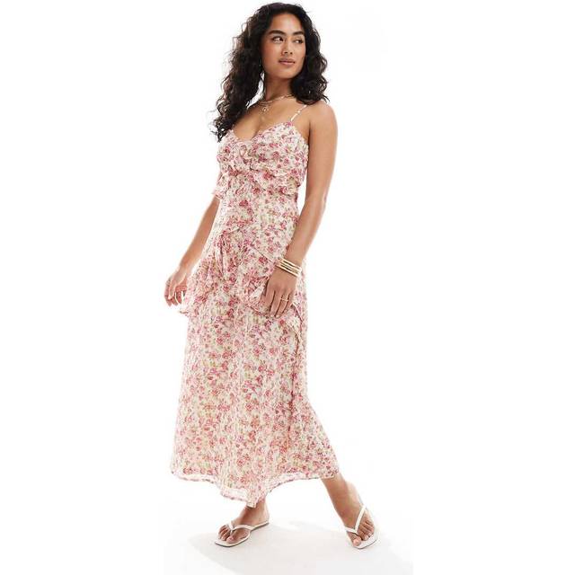 New Look Women's Plus Size Pink Floral Print Ruffle Trim Midi Dress Curves - UK 18