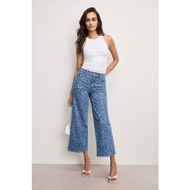 Good American – Good Waist – Blå, blommiga, ankellånga jeans i palazzo-stil-Rosa