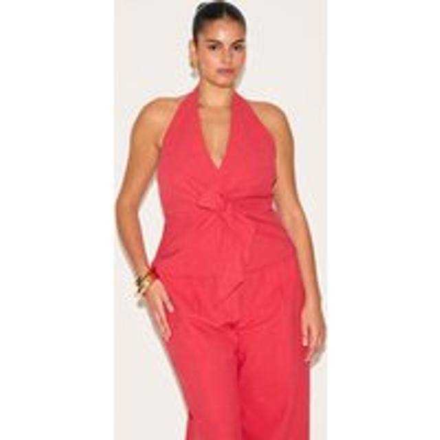 Plus Red Linen Twist Front Halter Neck Top, Red - 26
