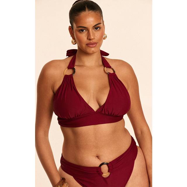Plus Burgundy O Ring Detail Ruched Triangle Bikini Top, Red - 26