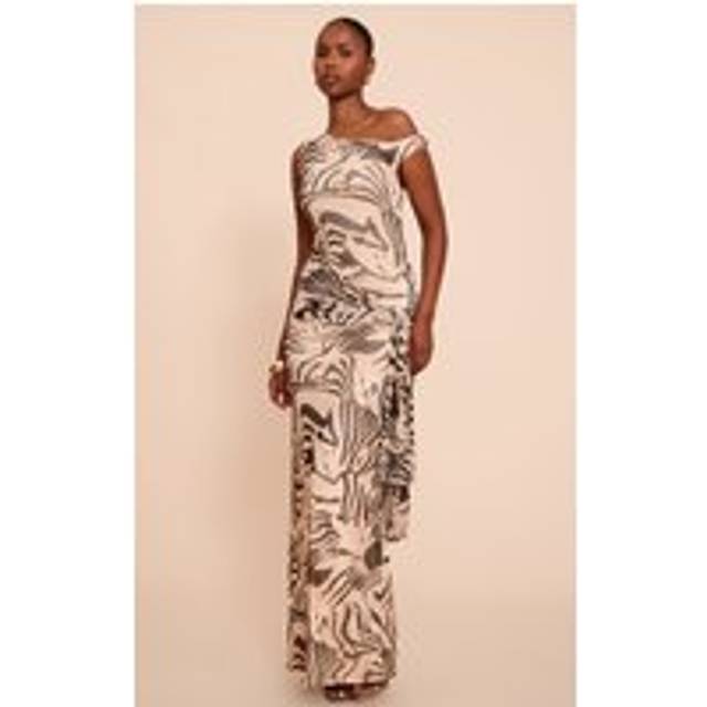 Cream Zebra Print Mesh Asymmetric Neckline Maxi Dress, White - 12