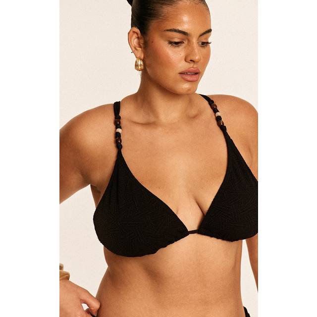Plus Black Textured Bead Trim Triangle Bikini Top, Black - 28