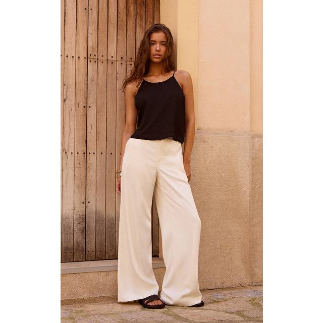 Ecru Satin Tailored Detail Wide Leg Trousers, Ecru - 8