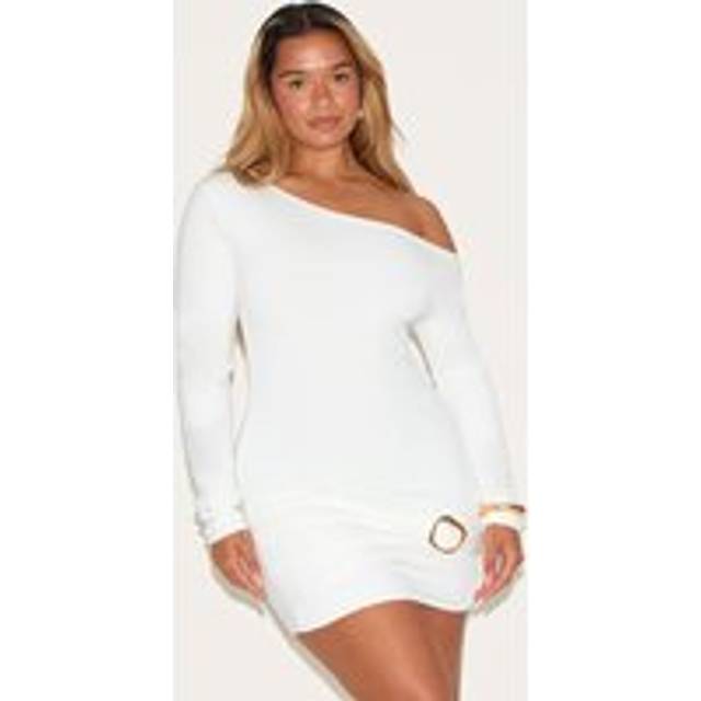 Shape White Off Shoulder Long Sleeve Gold Trim Mini Dress, White - 10