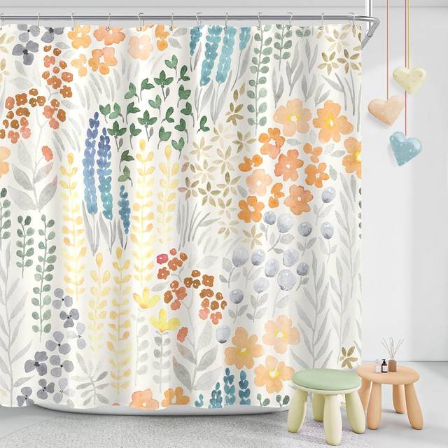 Purple 72"W x 84"L Wildflower Boho Cottagecore Fabric Shower Curtain Set with Hooks - Orange (182.88cm H x 91.44cm W)