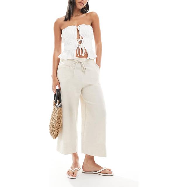 New Look Women's Stone Linen Blend Wide Leg Cropped Trousers - UK 10