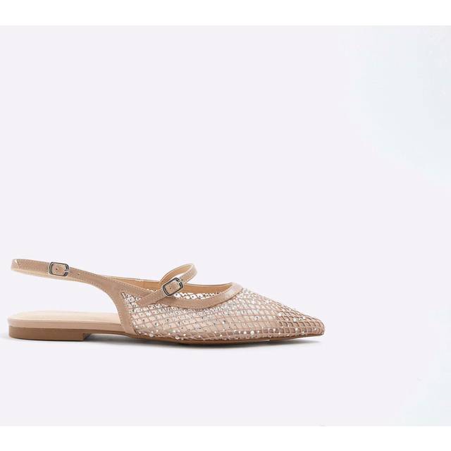 River Island – Ljusbeige, platta ballerinaskor i mesh-Naturlig