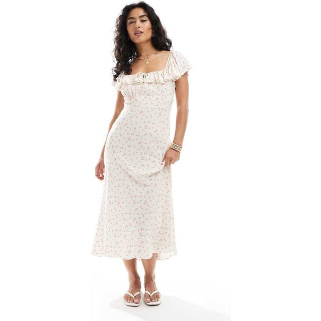 New Look Women's Cream Ditsy Print Square Neck Frill Trim Midi Dress - UK 12