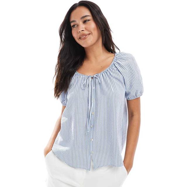 New Look Women's Blue Striped Tie Neck Top - UK 12