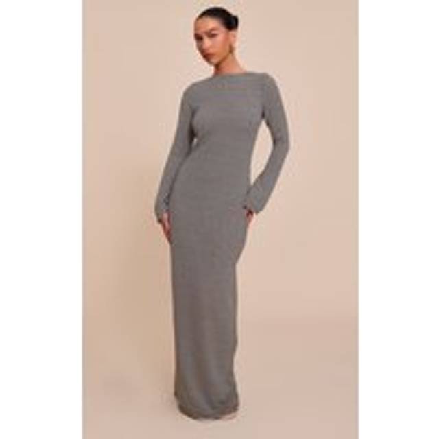Black Monochrome Textured Scoop Back Long Sleeve Maxi Dress, Black - 6