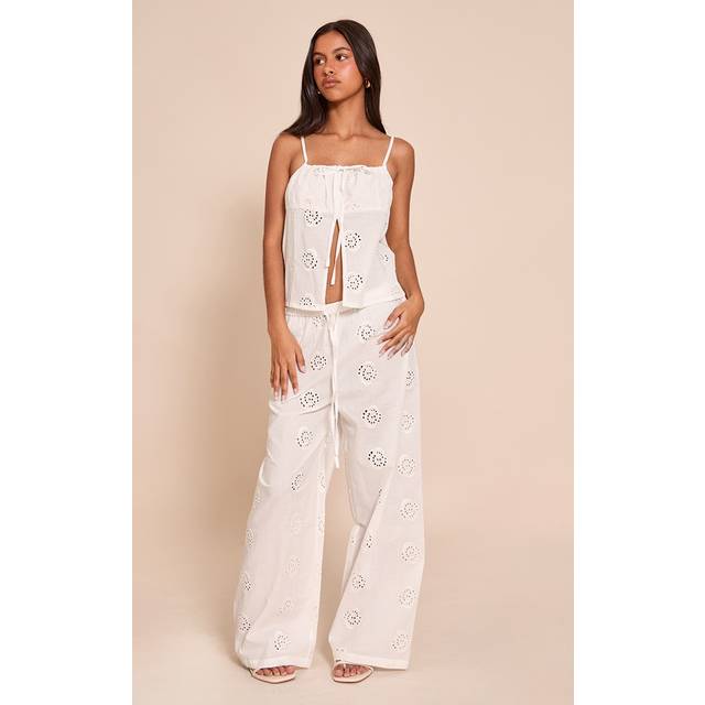 Petite White Linen Look Broderie Swirl Detail Straight Leg Trousers, White - 12