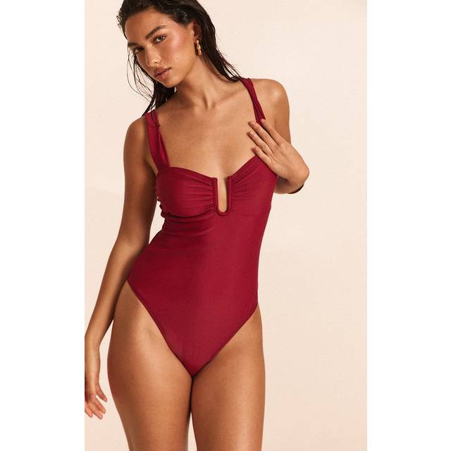 Deep Red Underwired U Bar Ruched Cup Swimsuit, Deep Red - 16