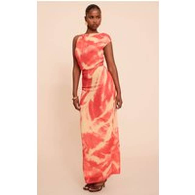 Pink Abstract Printed Chiffon Ruched Maxi Dress, Pink - 14