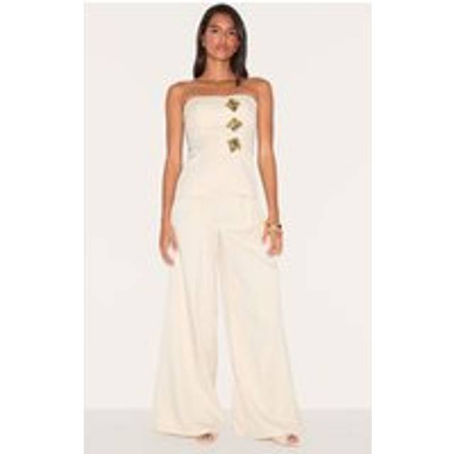 Cream Woven Bandeau Trim Detail Straight Leg Jumpsuit, White - 12