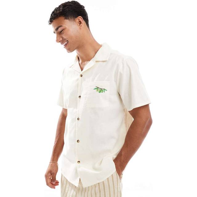 New Look Men's Off White Regular Fit Olive Embroidered Short Sleeve Shirt - XL