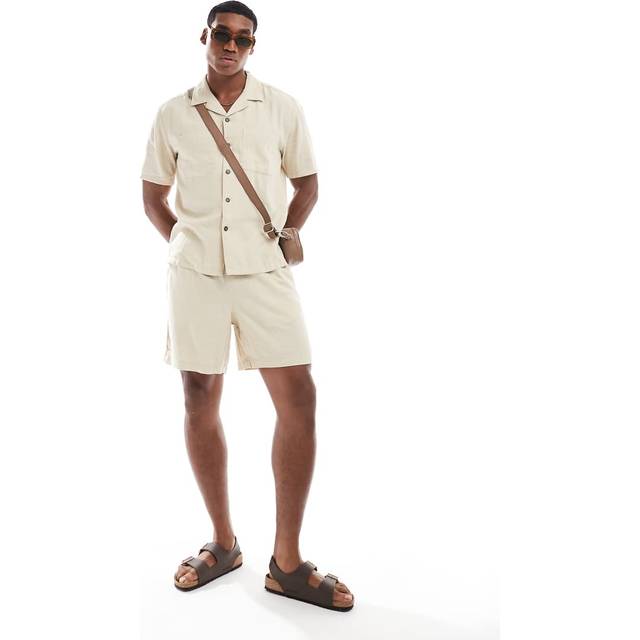 New Look Men's Stone Regular Linen Blend Drawstring Waist Shorts - M