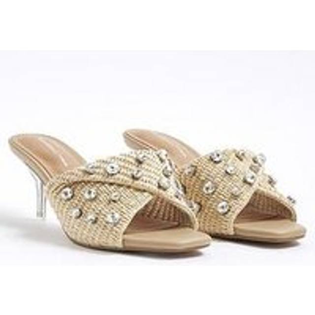 River Island Womens Beige Raffia Twist Heeled Mule Sandals - 4