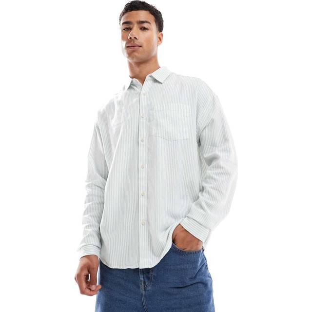 New Look Men's Off White/Light Blue Regular Striped Linen Blend Shirt - XL