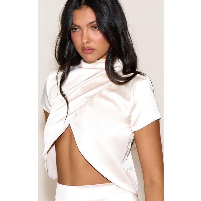 Champagne Satin High Neck Split Front Crop Top, Yellow - 14