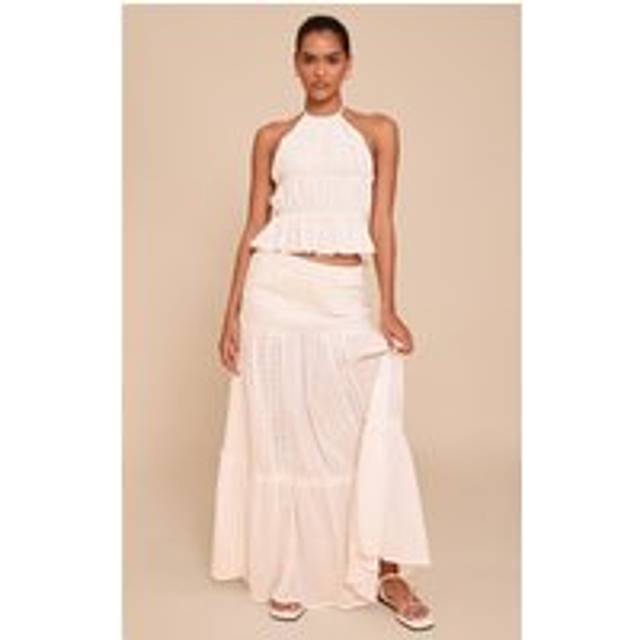 White Cheesecloth And Broiderie Paneled Maxi Skirt, White - 12