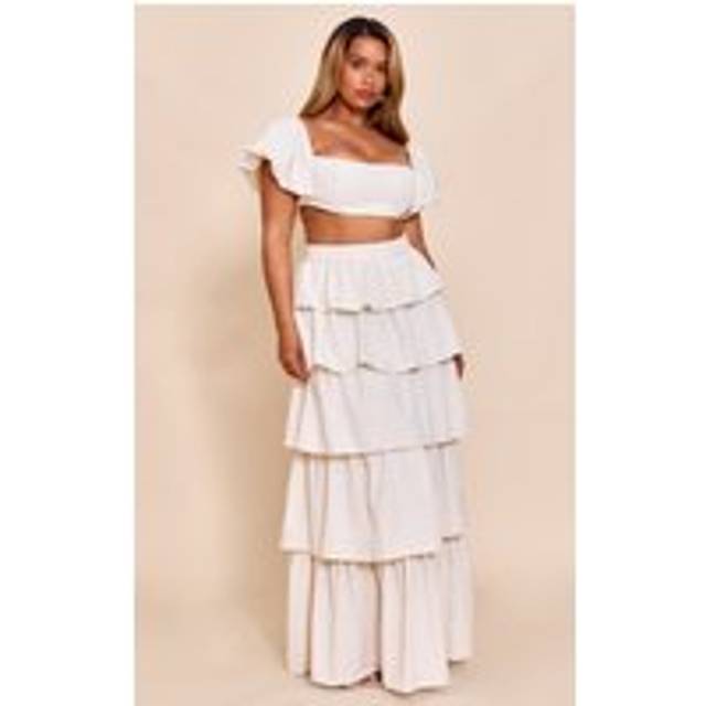Shape Cream Crinkle Satin Highwaisted Tiered Maxi Skirt, White - 10