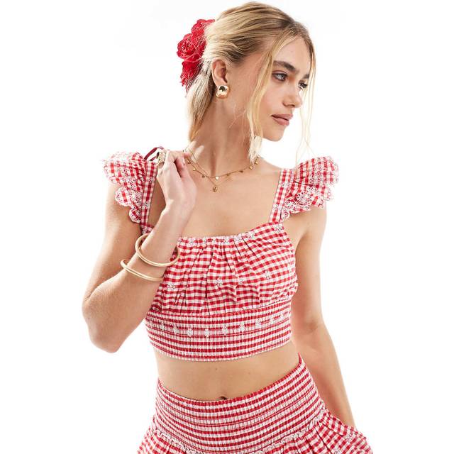 New Look Women's Plus Size Red Checked Broderie Anglaise Cropped Top Curves - UK 18