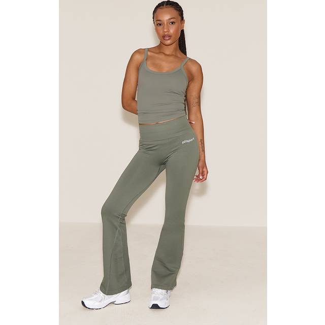PLT SPORT Olive Seamless Ribbed Detail High Waist Yoga Flares, Green - XS