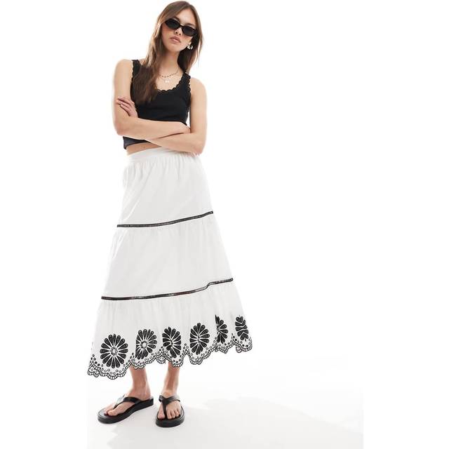 New Look Women's White Floral Embroidered Tiered Midi Skirt - UK 12