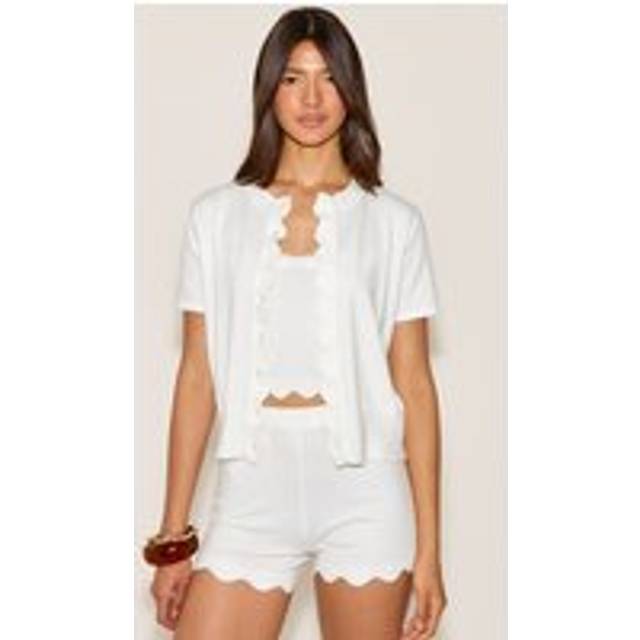 White Soft Knit Scallop Hem Fitted Cardigan, White - M