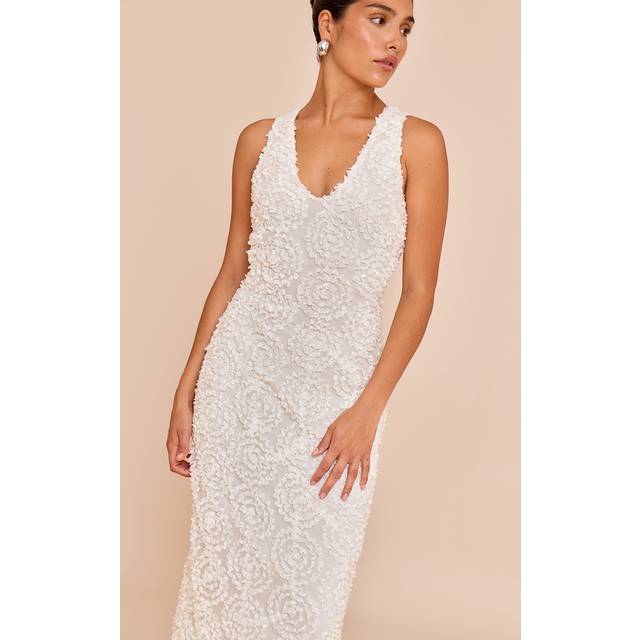 Petite Cream V Neck Embellished Flower Detail Maxi Dress, White - 6