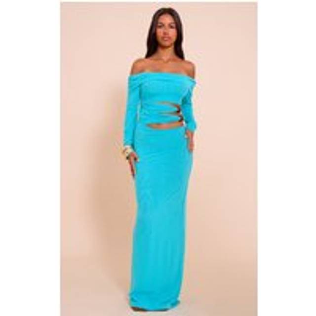 Petite Blue Bead Detail Cut Out Long Sleeve Maxi Dress, Blue - 14