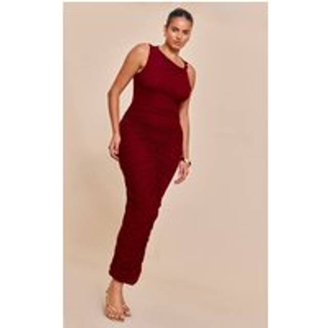 Plus Deep Red Double Layer Mesh Boat Neck Ruched Maxi Dress, Deep Red - 24