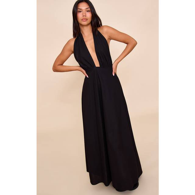 Black Plunge Halterneck Maxi Dress, Black - 4