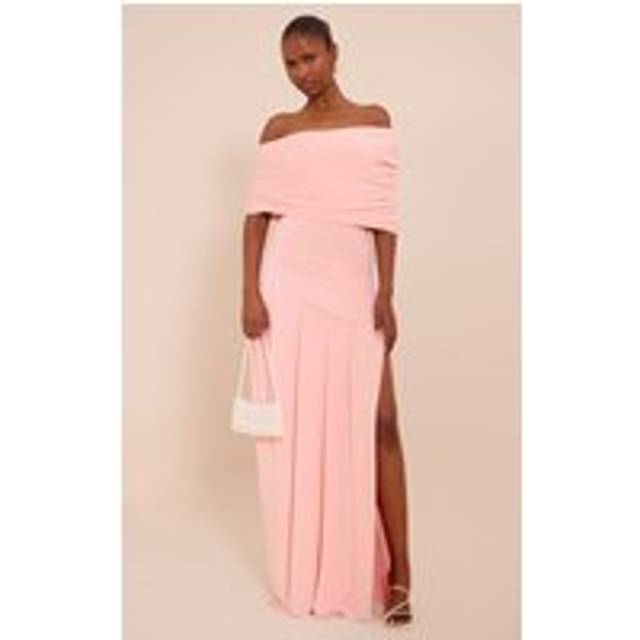 Blush Double Layer Slinky Bardot One Shoulder Ruched Maxi Dress, Pink - 6