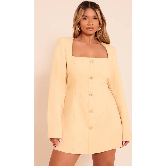 Shape Butter Yellow Tailored Square Neck Hammered Button Mini Dress, Butter Yellow - 10