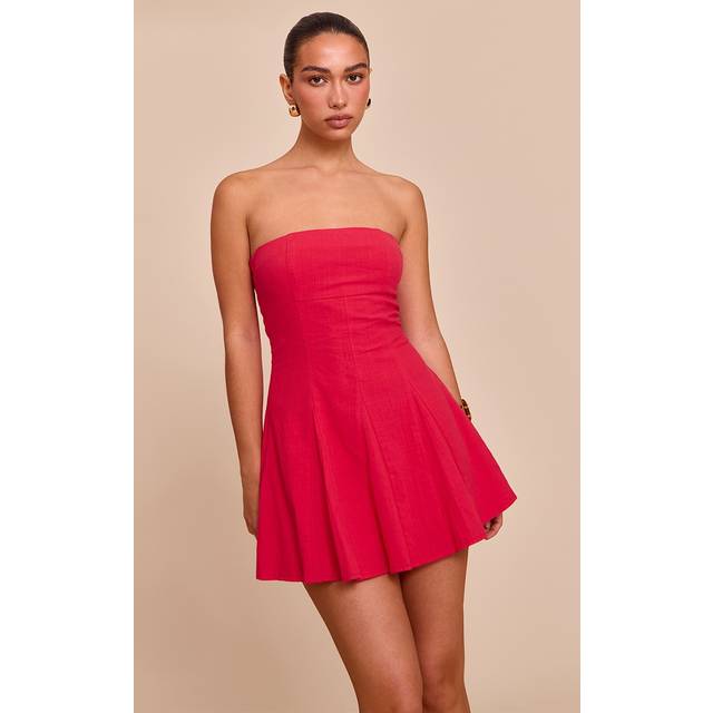 Red Bandeau Pleated Shift Dress, Red - 6