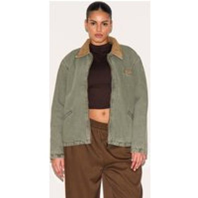 Plus Khaki Zip Up Contrast Collar Denim Jacket, Green - XL