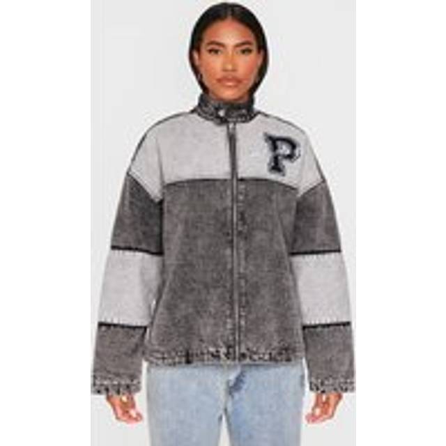Black Oversized Denim Varsity Bomber Jacket, Black - 4