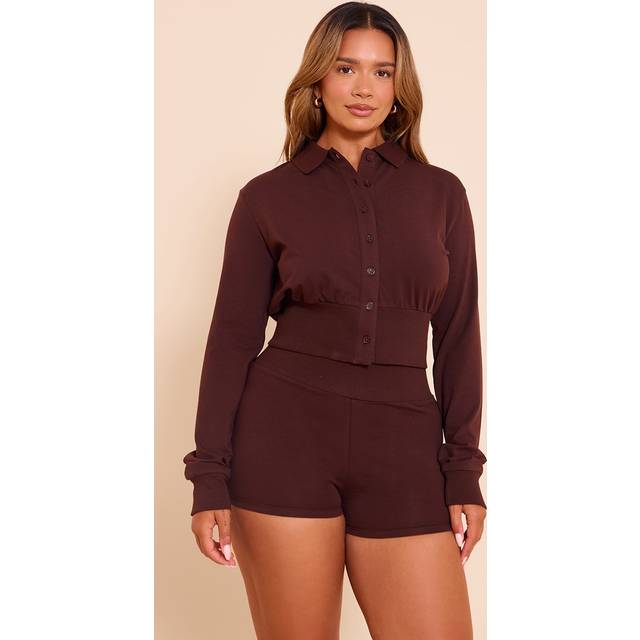 Shape Chocolate Polo Button Front Cinched Waist Cardigan, Chocolate - 16