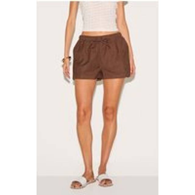 Dark Chocolate Cotton Linen Look Drawstring Floaty Shorts, Dark Chocolate - 4