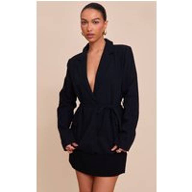 Black Linen Look Tie Waist Blazer, Black - 12