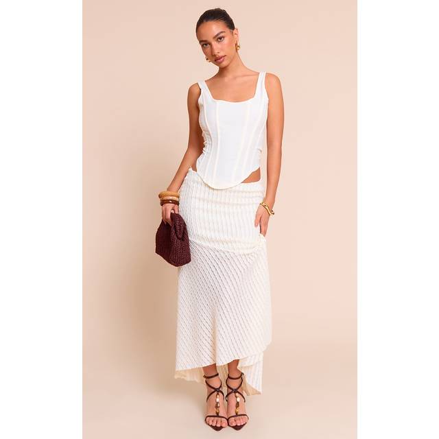 Cream Textured Seam Detail Lace Maxi Skirt, White - 4